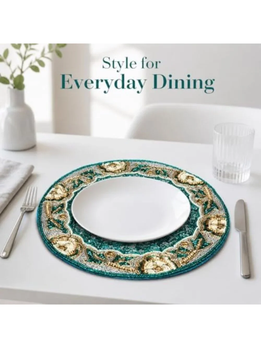 Teal Silver White Gold Beaded Round Placemats 13” - Elegant Charger for Dining
